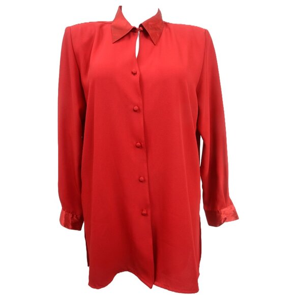 Worthington PLUS Size 18W Red Satin Trim Button Down Tunic Blouse Holiday Form - Picture 2 of 8